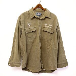 VTG Woolrich Button Up Shirt Men's XL 100% Cotton Embroidered Deer Cabin Green